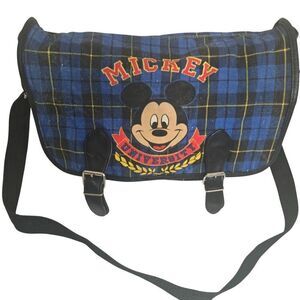 Vintage 90s Disney Mickey University Plaid Messenger Bag Blue